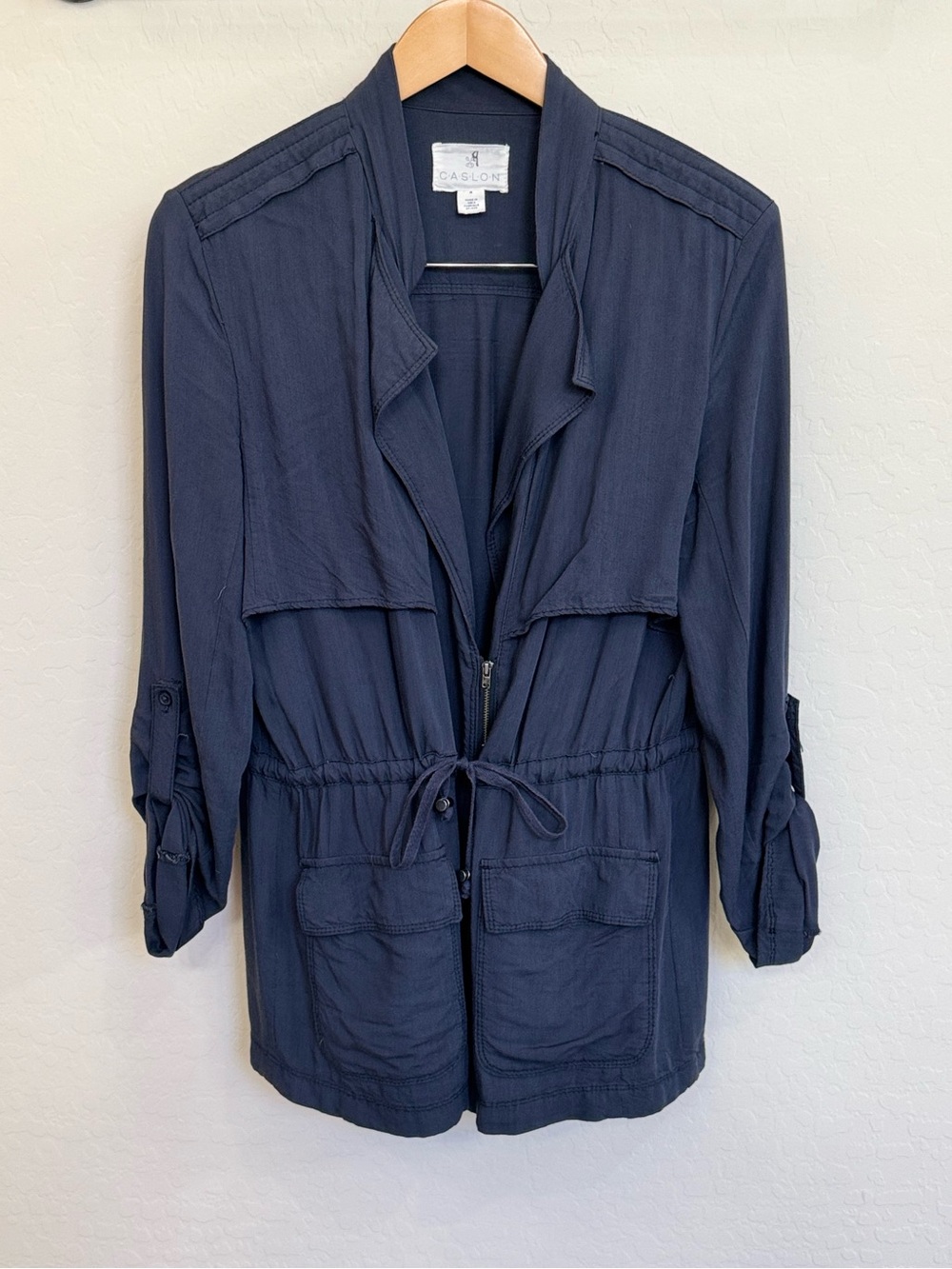 Caslon Navy Blue Utility Jacket Size Medium 100% Rayon Drawstring Waist